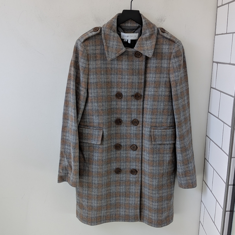 See by Chloe Women's Grey Brown Plaid Wool Double Breasted Coat Size 12